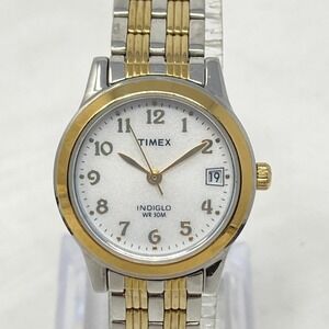 Timex Watch Women 25mm Gold Silver Tone Date Indiglo New Battery SMALL 6" 2011